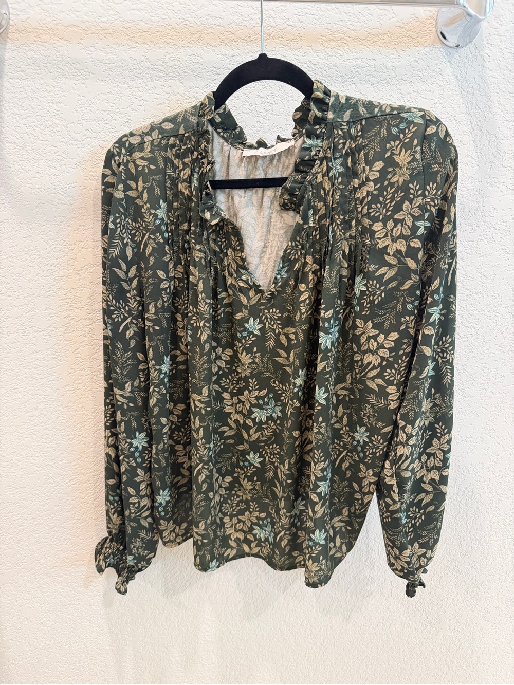 LOFT Green Floral Ruffle-Neck Long Sleeve Blouse